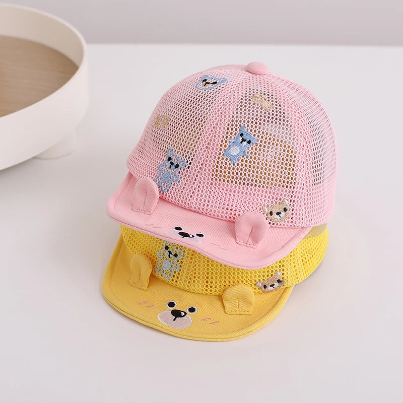 Baby Summer Sunshade Hat Full Mesh Breathable Toddler Baseball Hat Cartoon Bear Kids Soft Edge Duck Tongue Cap Children Visors