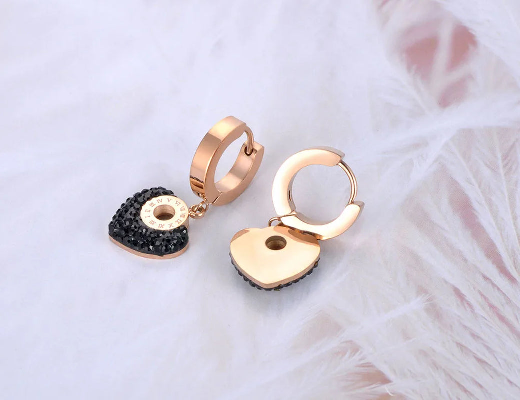 Roman Numerals Titanium Stainless Steel White/Black Clay Crystals Heart Hoop Earrings for Women Boucle D'Oreille E19135