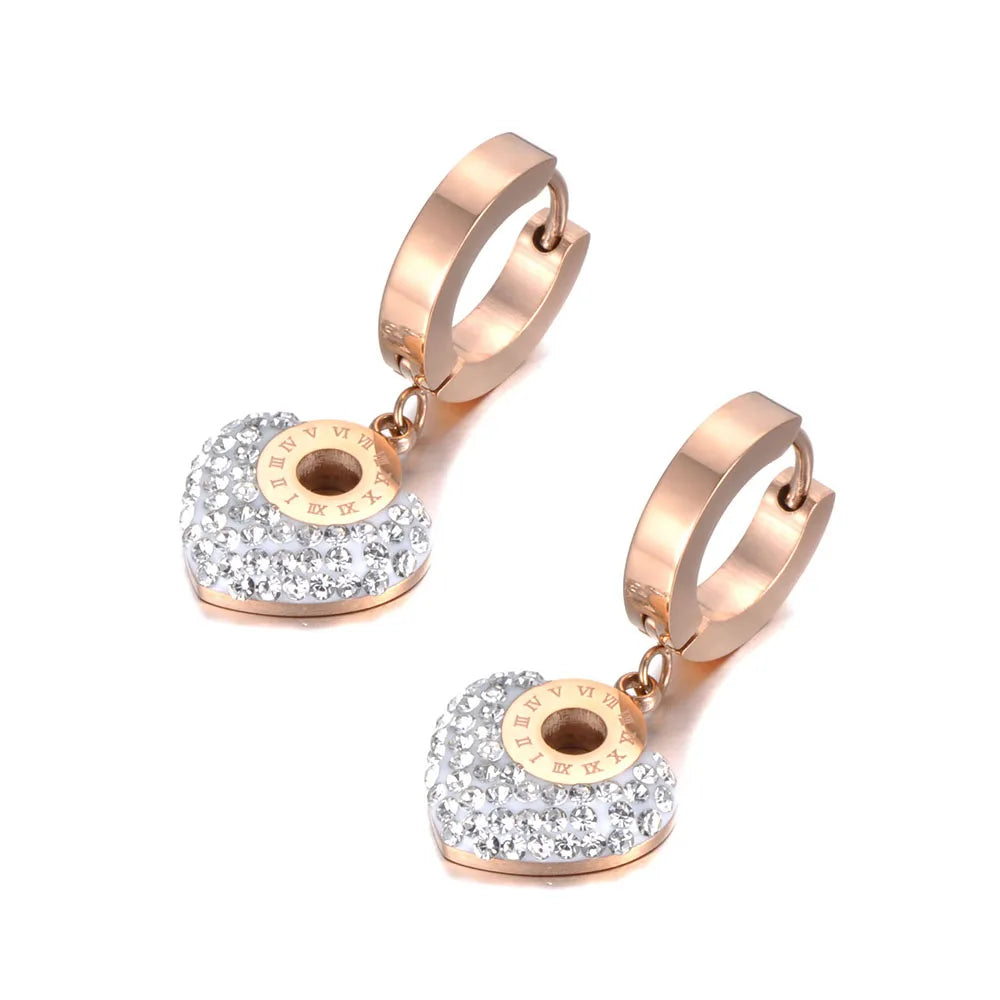 Roman Numerals Titanium Stainless Steel White/Black Clay Crystals Heart Hoop Earrings for Women Boucle D'Oreille E19135