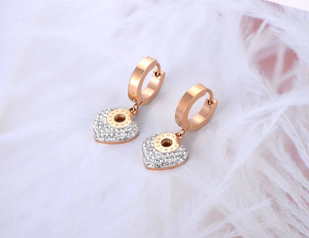 Roman Numerals Titanium Stainless Steel White/Black Clay Crystals Heart Hoop Earrings for Women Boucle D'Oreille E19135