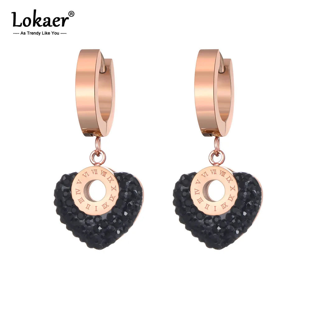 Roman Numerals Titanium Stainless Steel White/Black Clay Crystals Heart Hoop Earrings for Women Boucle D'Oreille E19135