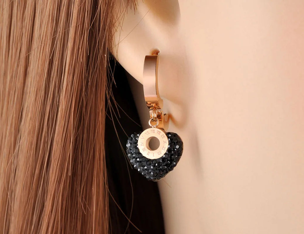 Roman Numerals Titanium Stainless Steel White/Black Clay Crystals Heart Hoop Earrings for Women Boucle D'Oreille E19135