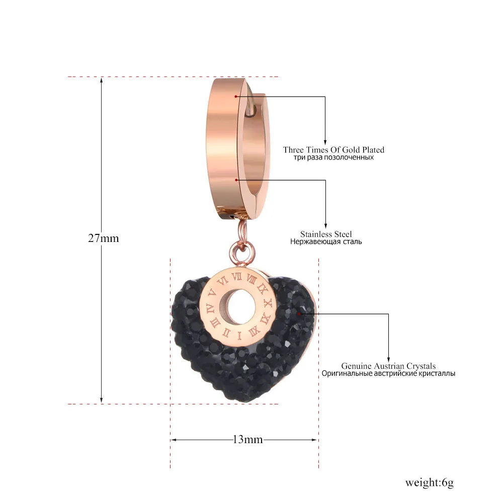 Roman Numerals Titanium Stainless Steel White/Black Clay Crystals Heart Hoop Earrings for Women Boucle D'Oreille E19135