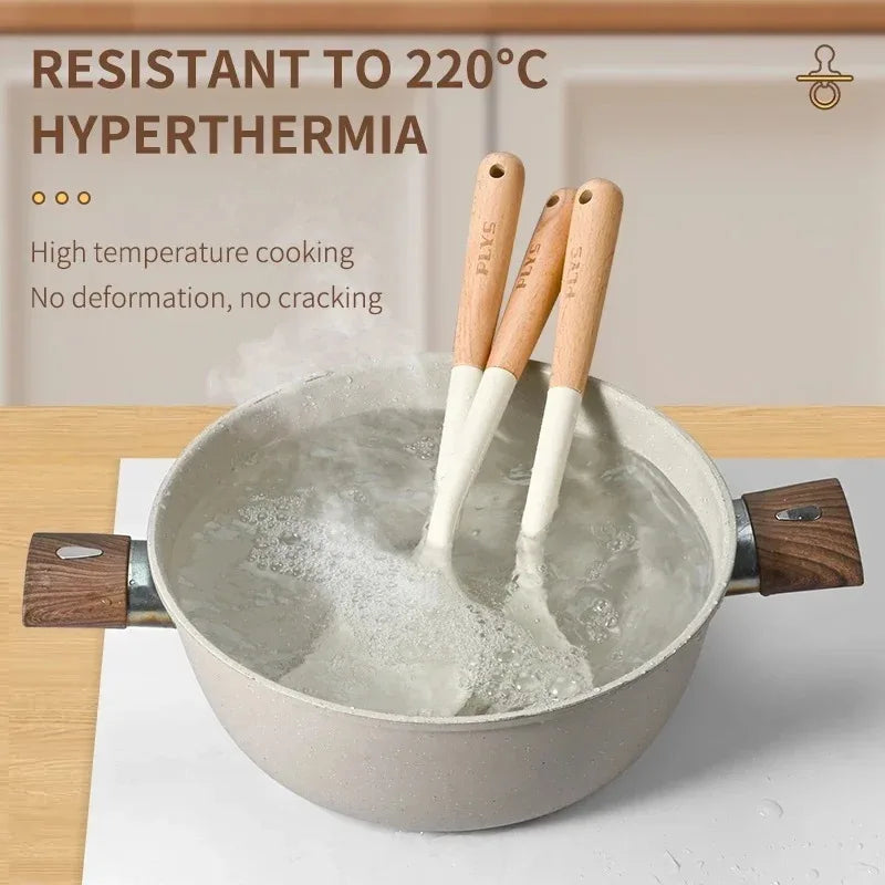 Espátula de silicona Juego de sartenes antiadherentes, mango de madera dura duradero, herramienta resistente al calor, cuchara para gachas de mango largo, espátula de pantalla, co