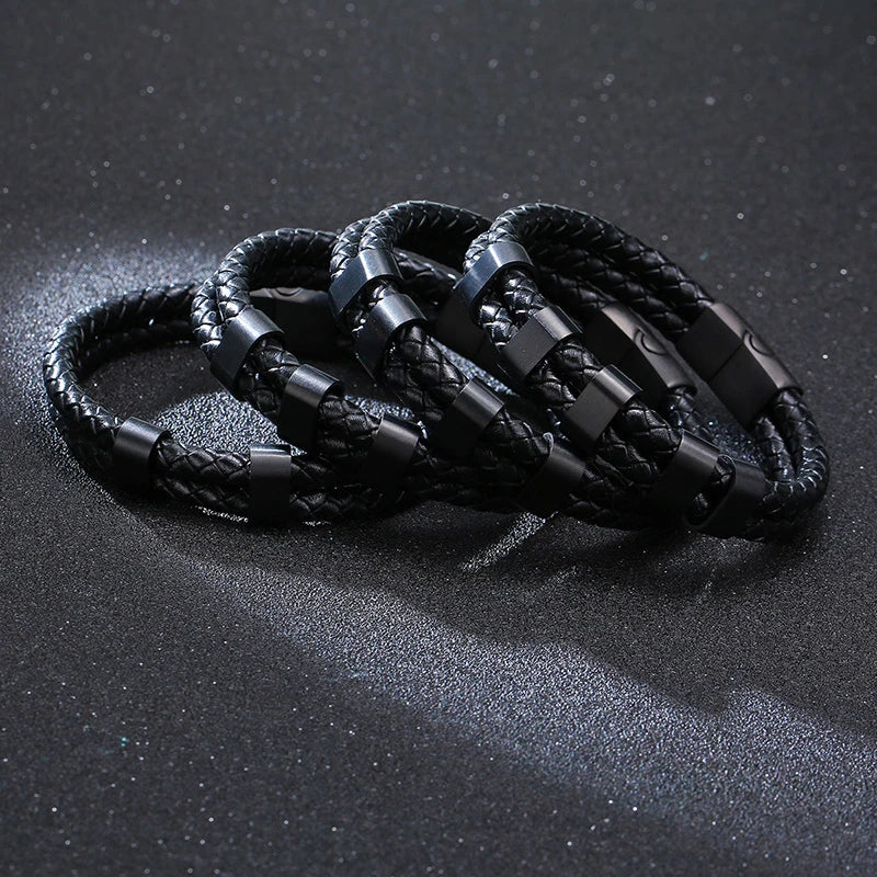 Vnox Personalized Men's Black Plaited Leather Bracelets Free Custom Made with Charm Beads Family Names Inspirational Jewelry