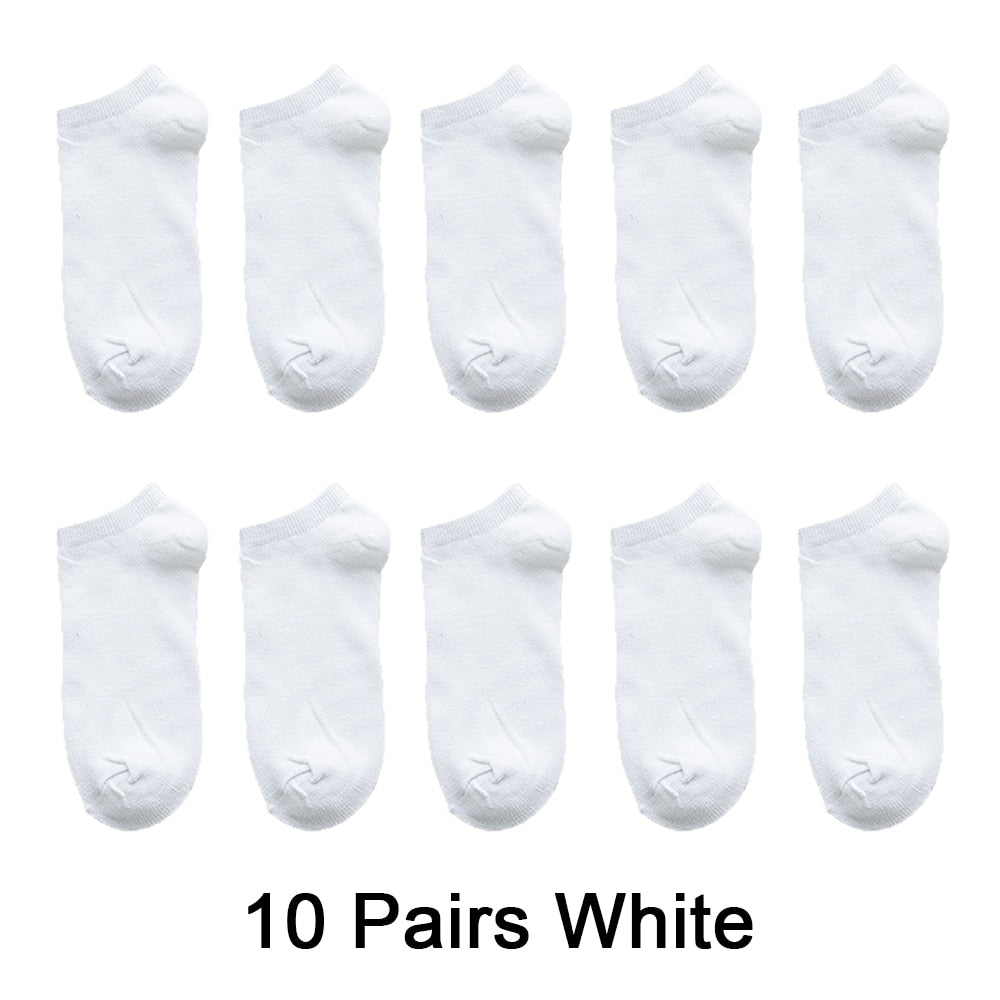 Venta al por mayor, 10 pares de calcetines unisex para hombre y mujer, transpirables, deportivos, de color liso, náuticos, cómodos, de algodón, hasta el tobillo, blancos.
