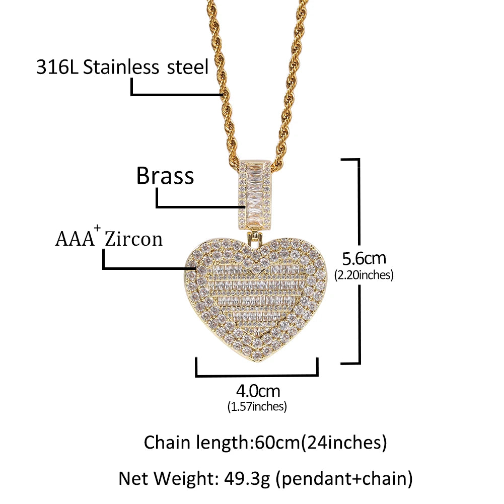 Medallón de fotos personalizado con forma de corazón de gran tamaño de THE BLING KING, colgante con marco, joyería de recuerdo de tenis para pareja, regalo de San Valentín