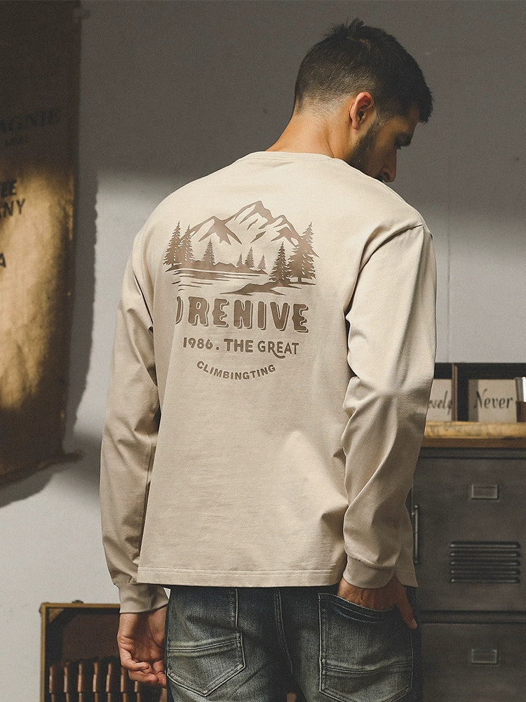 Camiseta Jereno de algodón peinado grueso de 260 g, estilo americano, para hombre, con estampado de montaña de otoño, holgada, moderna y combinable.