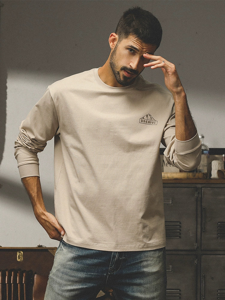 Camiseta Jereno de algodón peinado grueso de 260 g, estilo americano, para hombre, con estampado de montaña de otoño, holgada, moderna y combinable.