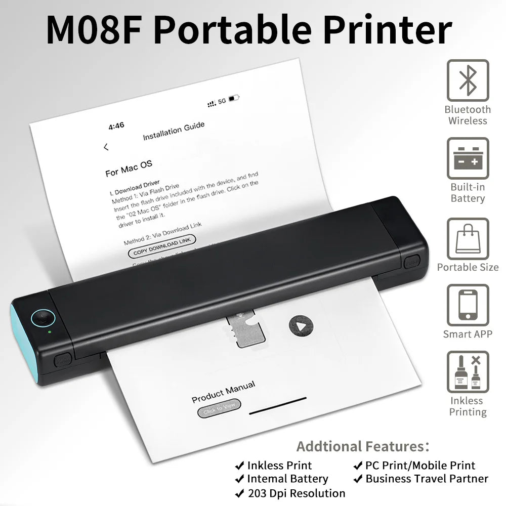 Impresora térmica portátil Phomemo M08F A4, compatible con papel térmico A4 de 8,26" x 11,69", impresora inalámbrica móvil de viaje para coche y oficina.