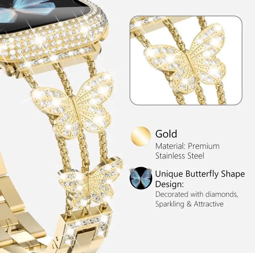 Correa de mariposa para Apple Watch de 49 mm, 41 mm, 45 mm, 40 mm, 44 mm, 38 mm y 42 mm, con diamantes brillantes para Apple Watch Series 9, 8, 7, SE, 6 y 5.