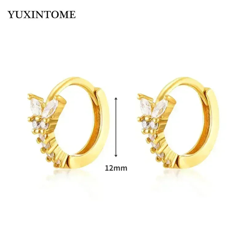 Pendientes de aro de plata de ley 925 con forma de aguja y cristales de circonita, con gotas de agua, dorados, joyería de lujo premium para fiestas.