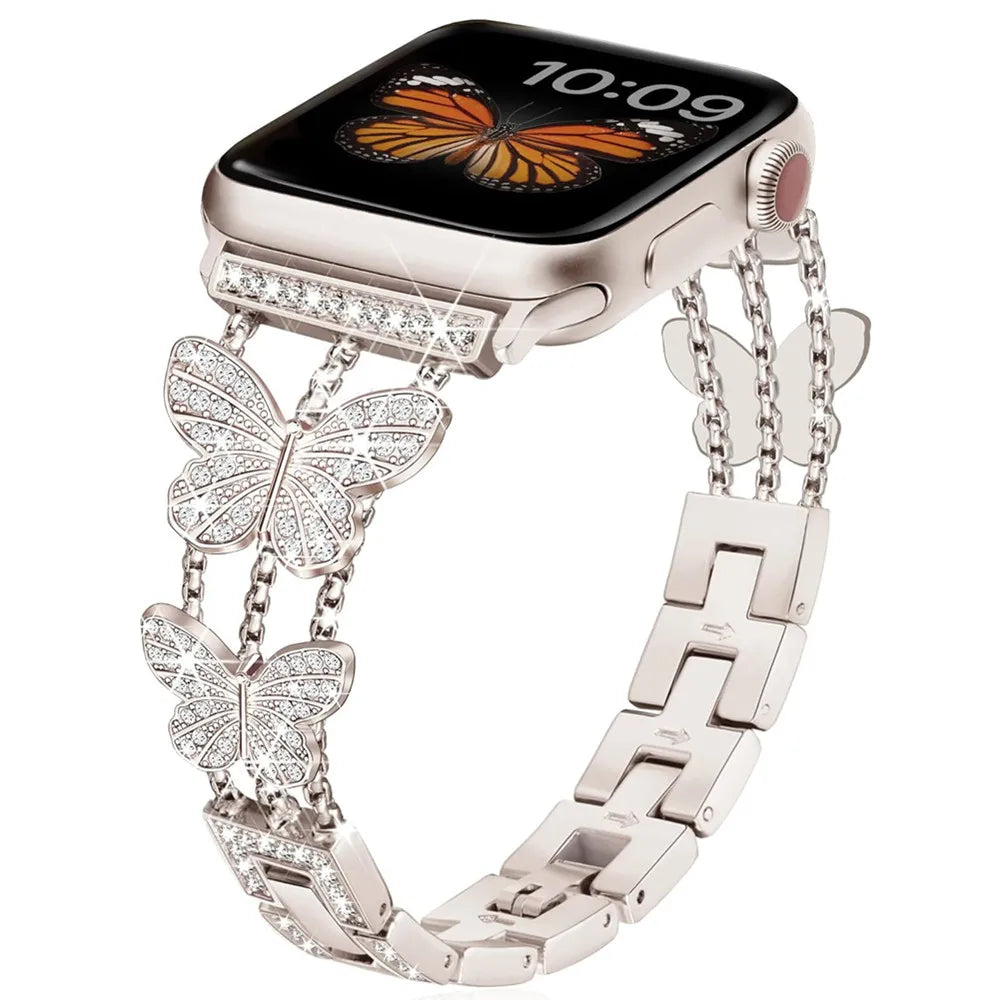 Correa de mariposa para Apple Watch de 49 mm, 41 mm, 45 mm, 40 mm, 44 mm, 38 mm y 42 mm, con diamantes brillantes para Apple Watch Series 9, 8, 7, SE, 6 y 5.