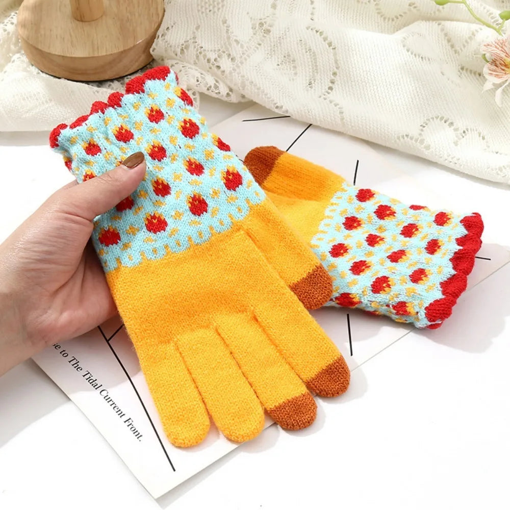 Winter warm gloves cute winter knitted ladies plus velvet cycling windproof knitted touch screen gloves
