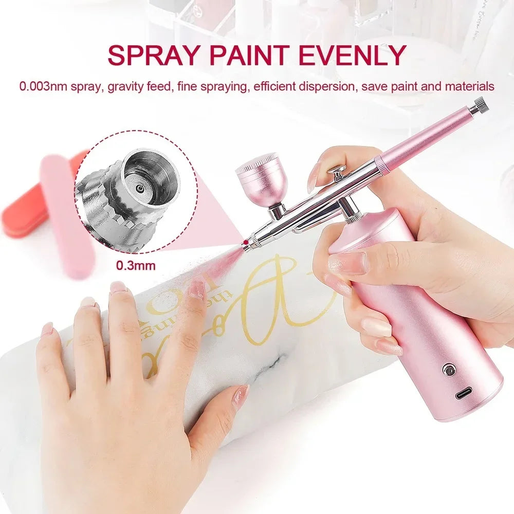 Kit de mini compresor de aire rosa de 0,3 mm, pistola pulverizadora de pintura con aerógrafo para uñas, tatuajes, manualidades, pasteles, pulverizador de niebla nano.