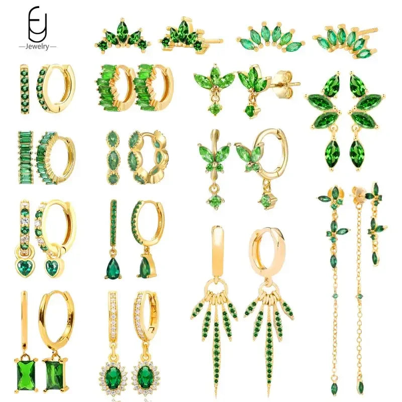 Pendientes de aro con forma de corazón y circonita verde en plata de ley 925 para mujer, delicados pendientes de botón, joyería de lujo, regalos.