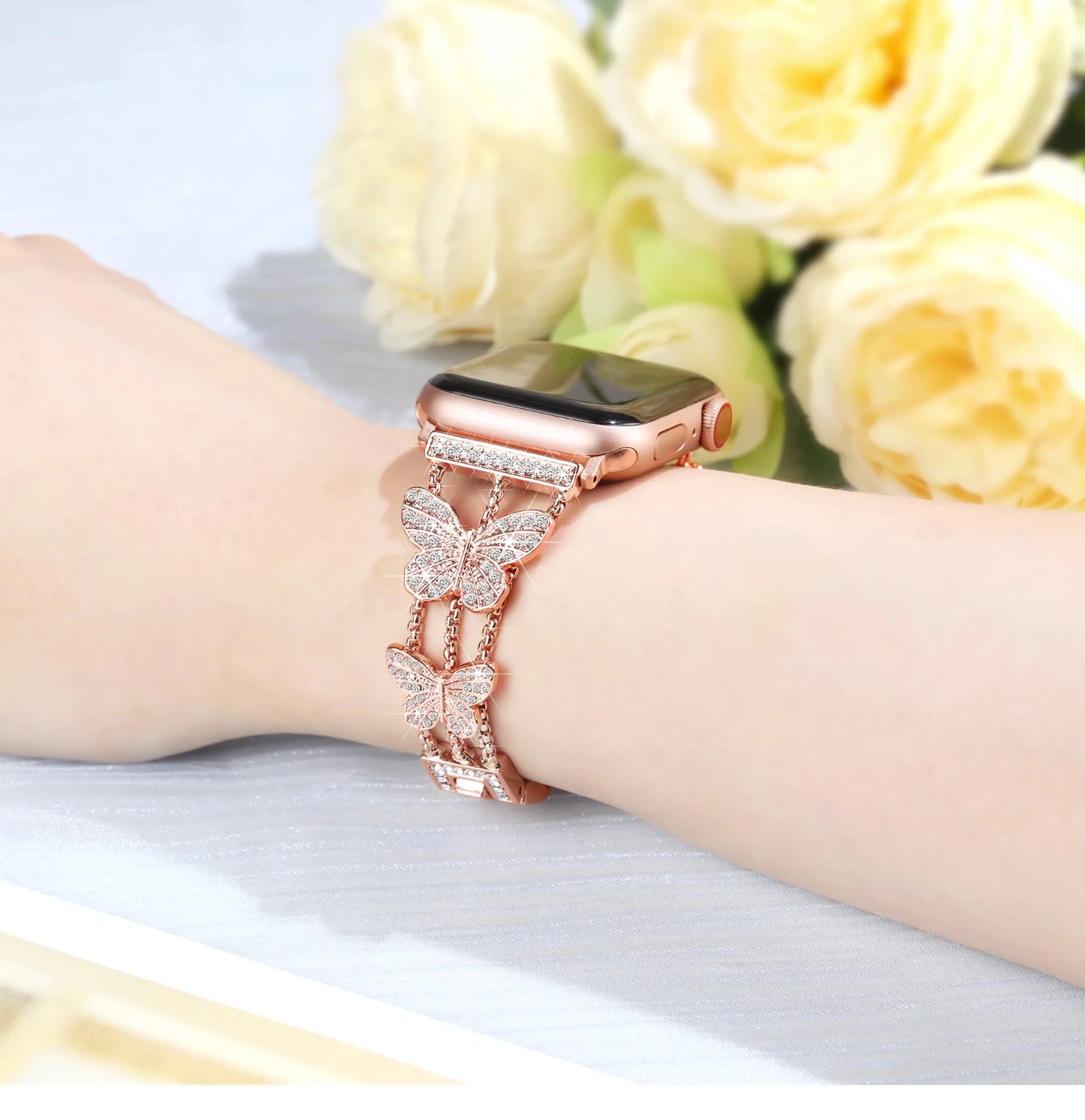 Correa de mariposa para Apple Watch de 49 mm, 41 mm, 45 mm, 40 mm, 44 mm, 38 mm y 42 mm, con diamantes brillantes para Apple Watch Series 9, 8, 7, SE, 6 y 5.