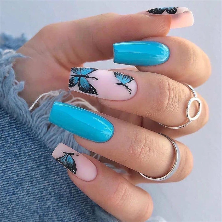 Juego de 24 uñas postizas con diseño de cabeza cuadrada en forma de ataúd, color rosa mate, estilo francés, de leopardo, acrílicas artificiales blancas.