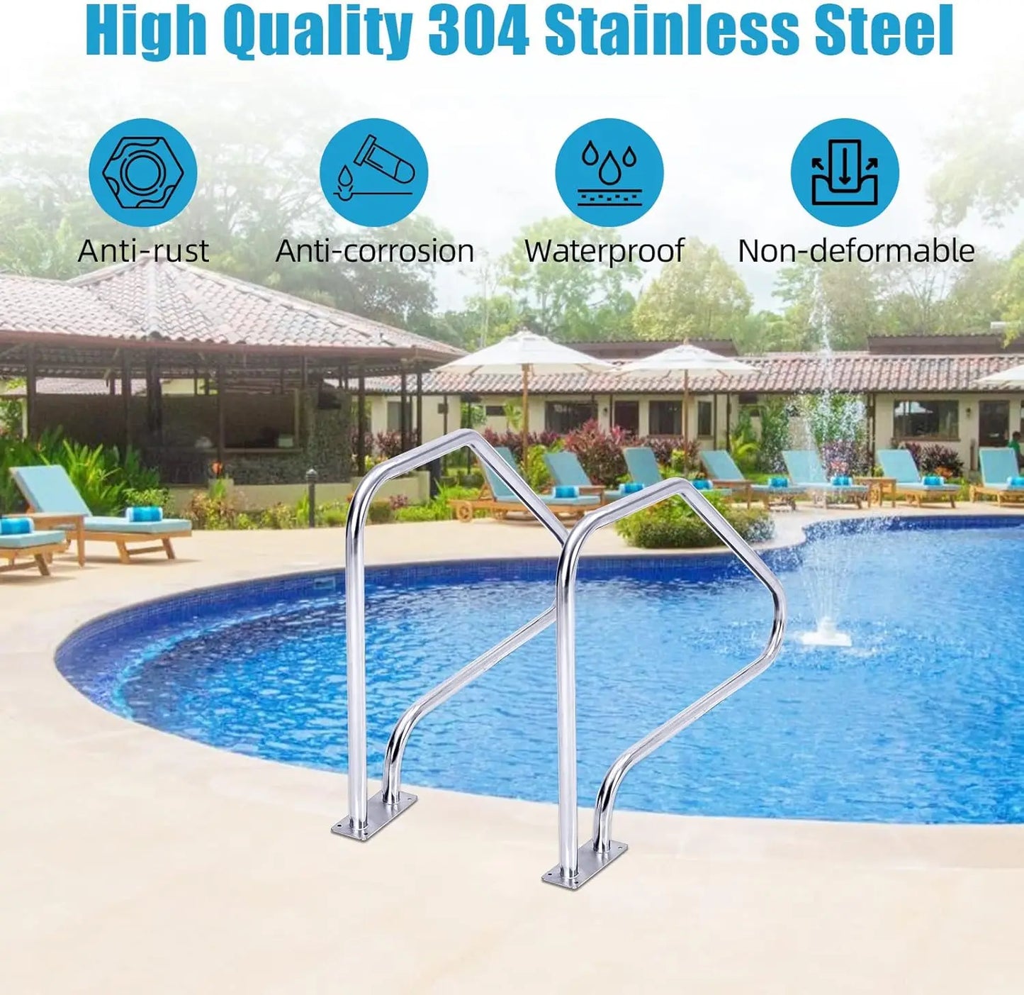 Pasamanos para piscina de 125 x 86 cm, acero inoxidable 304, capacidad de carga de 158 kg, resistente a la corrosión y con agarre azul.