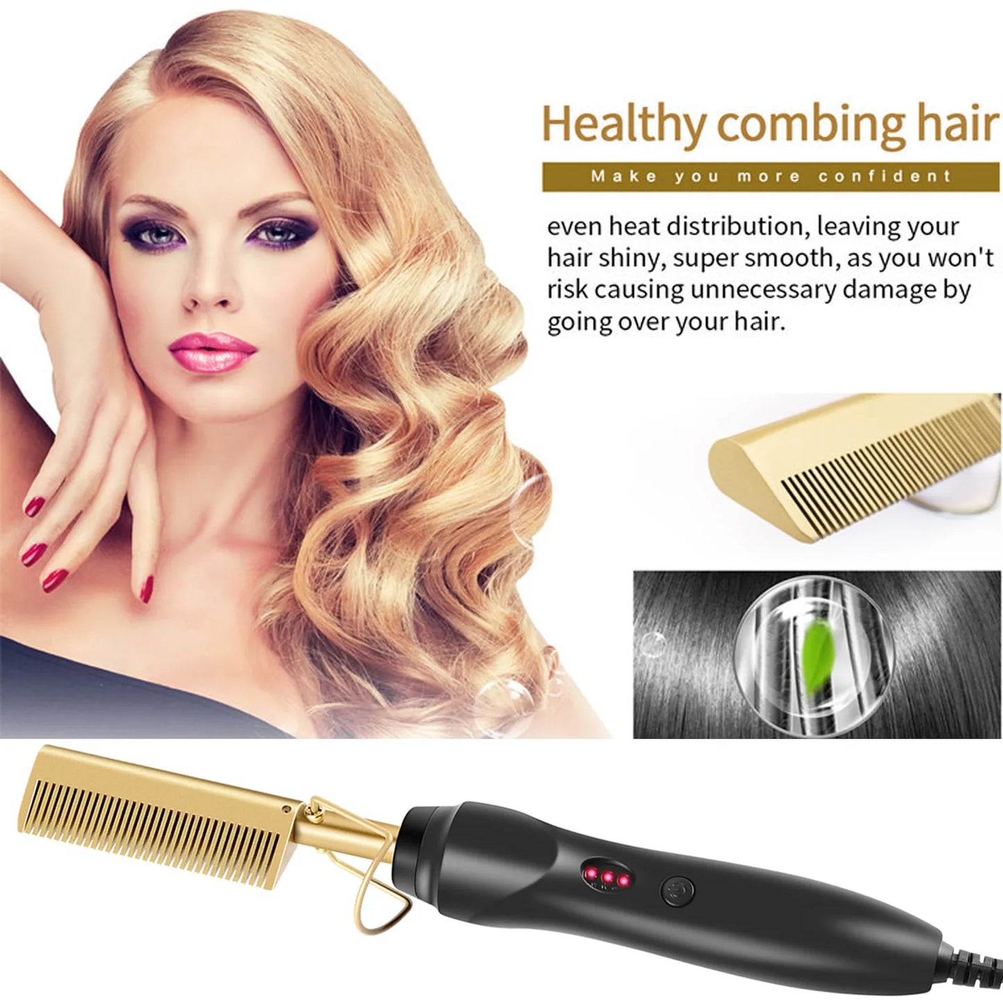 Plancha de pelo Leeons Black Hot Comb, plancha eléctrica con calor, rizador para cabello húmedo y seco, alisador y rizador.