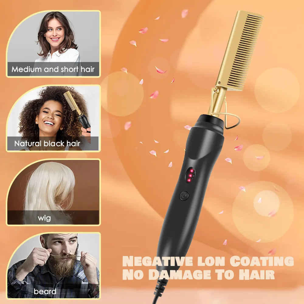 Plancha de pelo Leeons Black Hot Comb, plancha eléctrica con calor, rizador para cabello húmedo y seco, alisador y rizador.