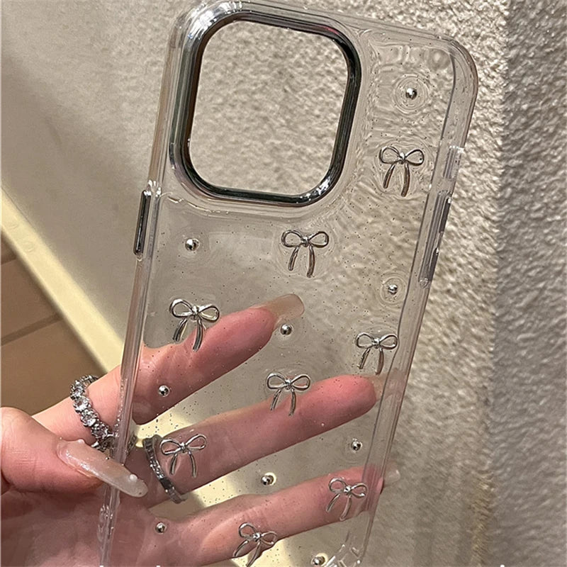 Korean Cute Little 3D Metal Bowknot Case For iPhone 16 15 14 13 12 11 Pro Max Plus Epoxy Glitter Shell Ins Girl Clear Soft Shell