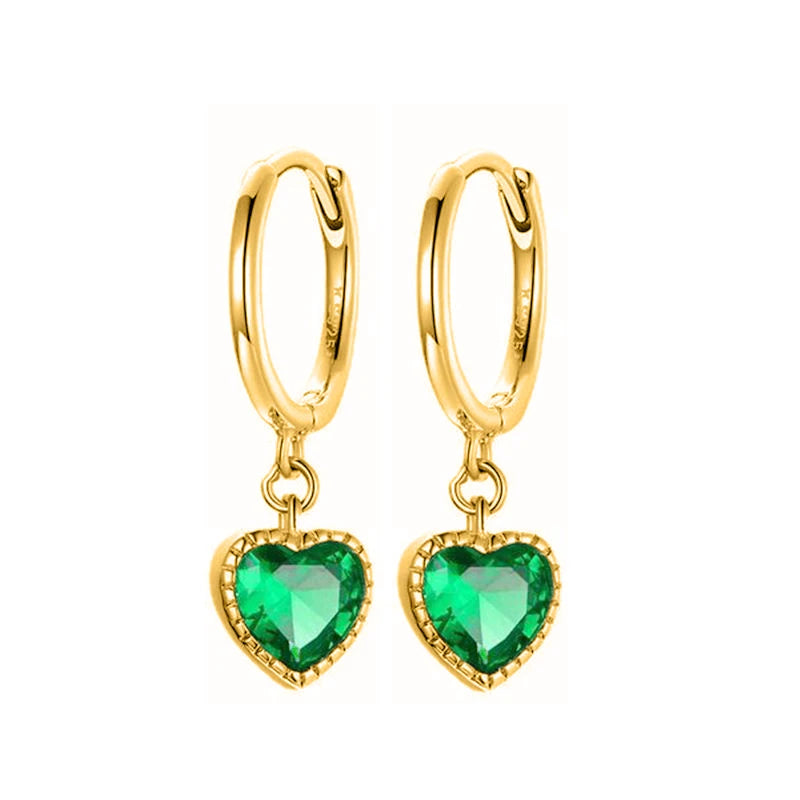 Pendientes de aro con forma de corazón y circonita verde en plata de ley 925 para mujer, delicados pendientes de botón, joyería de lujo, regalos.