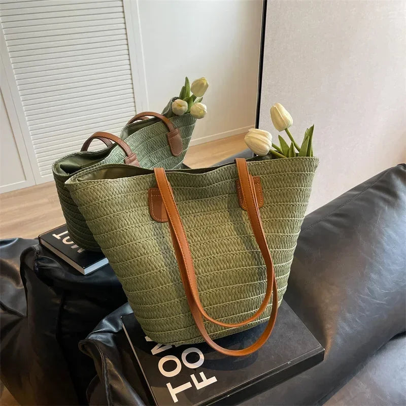 Bolso de mano trenzado con asa superior para mujer, bolso grande de paja portátil para hombro, bolso de fiesta de playa de verano, bolso de compras tipo cartera para mujer