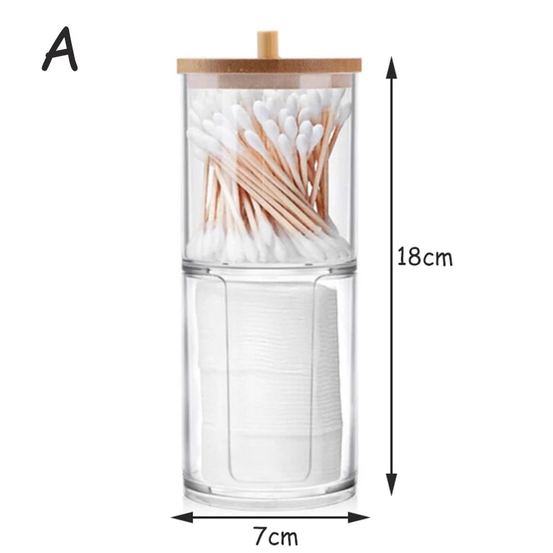 Caja de almacenamiento de acrílico, tarro de baño, organizador de maquillaje, soporte redondo para almohadillas de algodón, caja para hisopos de algodón, dispensador de hisopos con tapa de bambú