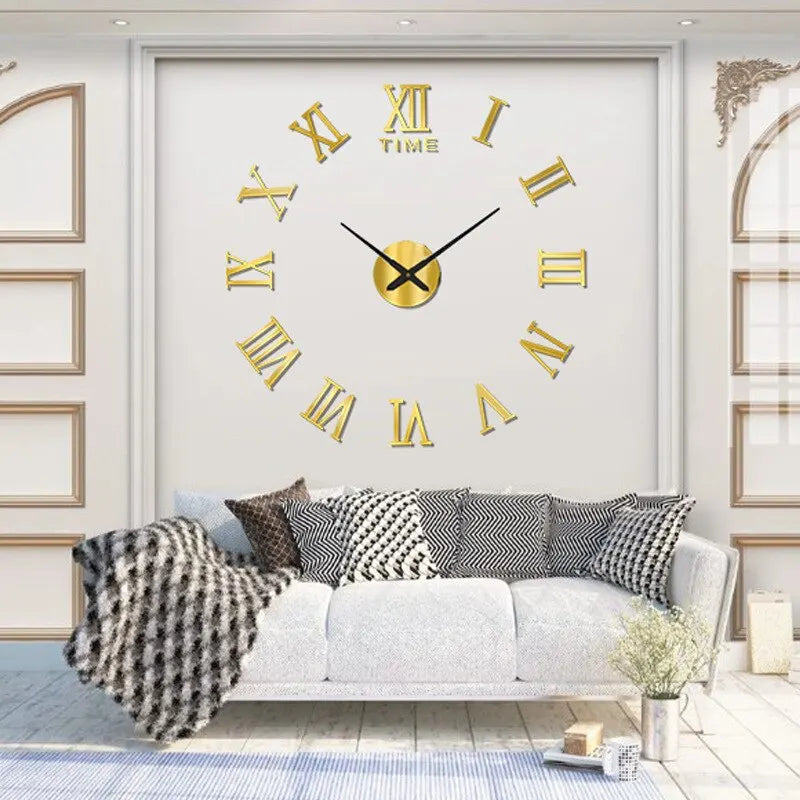 Reloj de pared digital acrílico 3D con diseño de números romanos y espejo, moderno, redondo y grande, autoadhesivo.