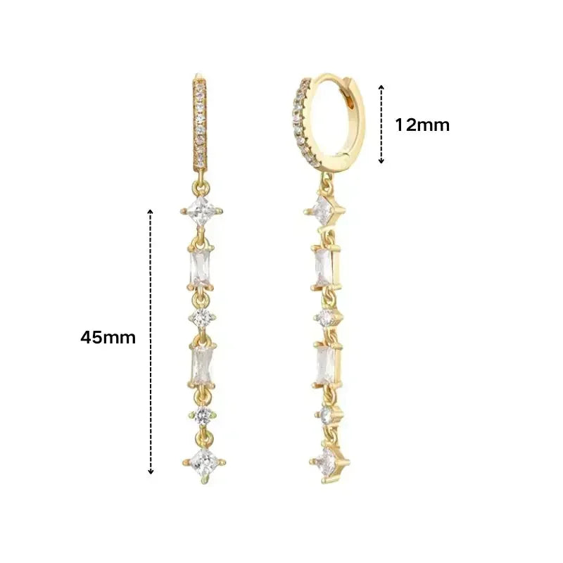 Pendientes de aro de plata de ley 925 con forma de aguja y cristales de circonita, con gotas de agua, dorados, joyería de lujo premium para fiestas.