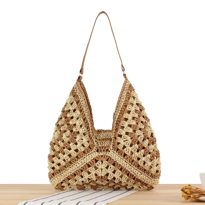 Bolso de paja para mujer, bolso de hombro vintage de gran capacidad para vacaciones, bolso informal de diseñador, bolso de playa de verano con agujeros