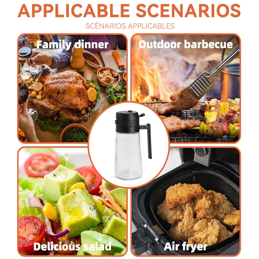Botella vacía de aceite de 500 ml, 2 en 1, pulverizador y vertedor, recipiente de plástico para aceite de cocina, dispensador de aceite, vaporizador, vinagrera para camping y barbacoa.