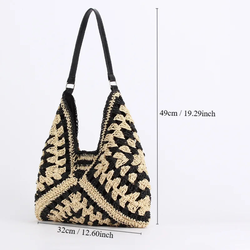 Bolso de paja para mujer, bolso de hombro vintage de gran capacidad para vacaciones, bolso informal de diseñador, bolso de playa de verano con agujeros