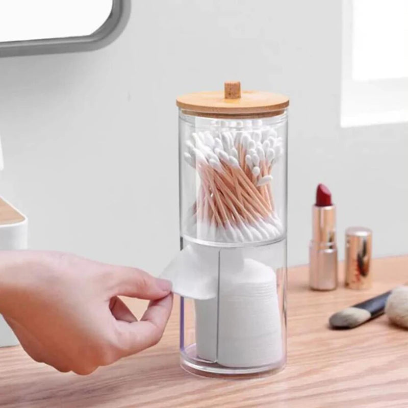 Caja de almacenamiento de acrílico, tarro de baño, organizador de maquillaje, soporte redondo para almohadillas de algodón, caja para hisopos de algodón, dispensador de hisopos con tapa de bambú