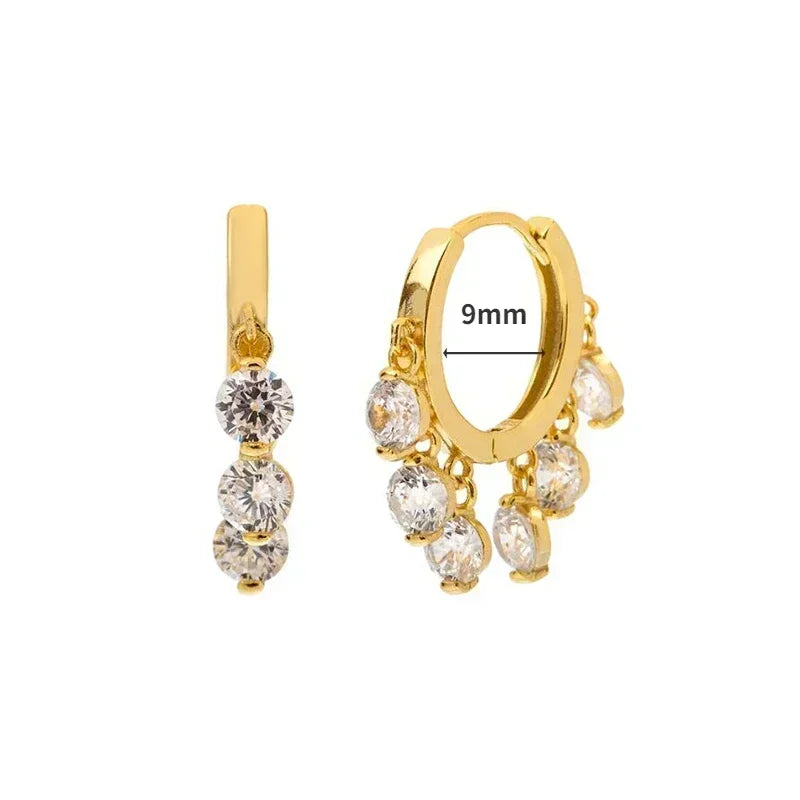 Pendientes de aro de plata de ley 925 con forma de aguja y cristales de circonita, con gotas de agua, dorados, joyería de lujo premium para fiestas.