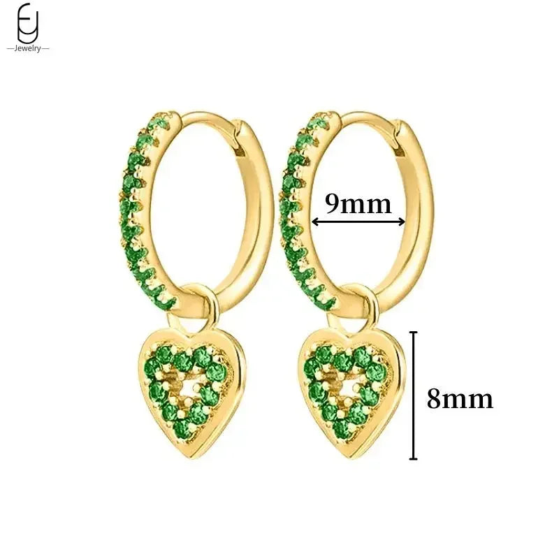 Pendientes de aro con forma de corazón y circonita verde en plata de ley 925 para mujer, delicados pendientes de botón, joyería de lujo, regalos.