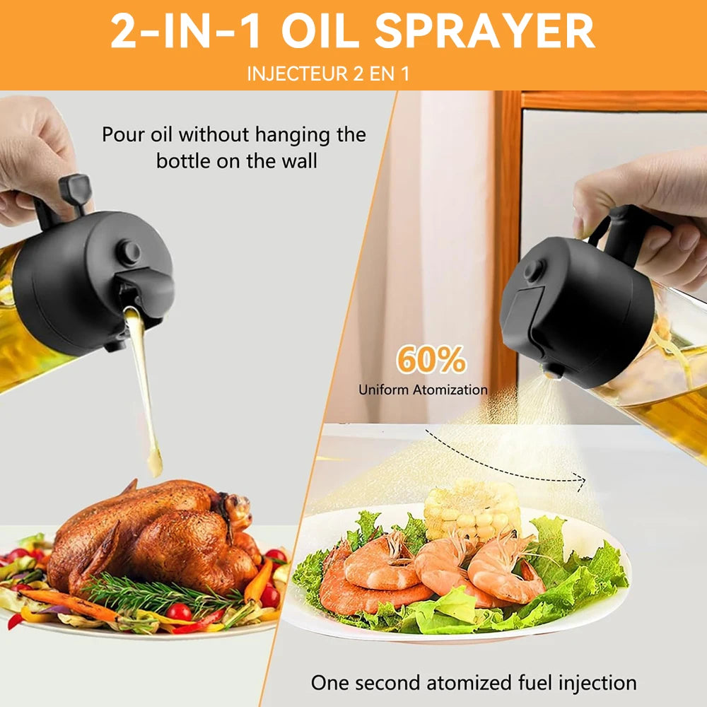 Botella vacía de aceite de 500 ml, 2 en 1, pulverizador y vertedor, recipiente de plástico para aceite de cocina, dispensador de aceite, vaporizador, vinagrera para camping y barbacoa.