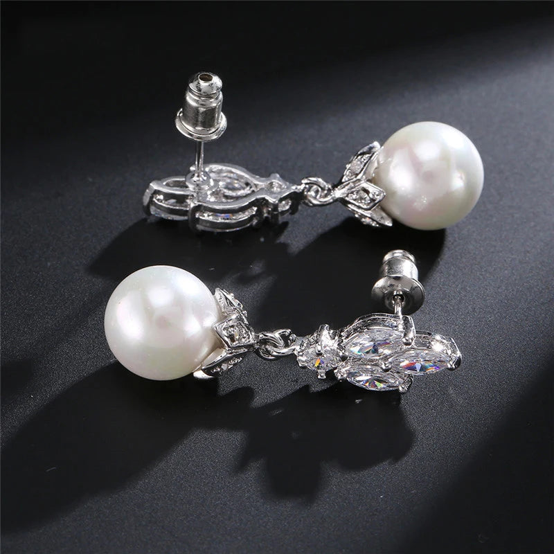 ZAKOL Fashion Sliver Color AAA CZ Pearl Dangle Earrings for Women Shiny Leaf Zircon Bridal Earring Wedding Party Jewelry
