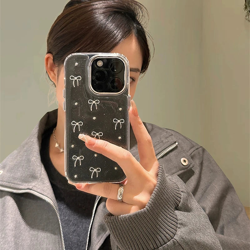 Korean Cute Little 3D Metal Bowknot Case For iPhone 16 15 14 13 12 11 Pro Max Plus Epoxy Glitter Shell Ins Girl Clear Soft Shell