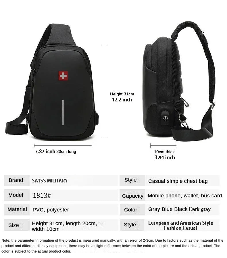 Bolso de pecho informal SWISS para hombre, nuevo, deportivo, impermeable, bandolera antirrobo, moderno, de color sólido, con USB
