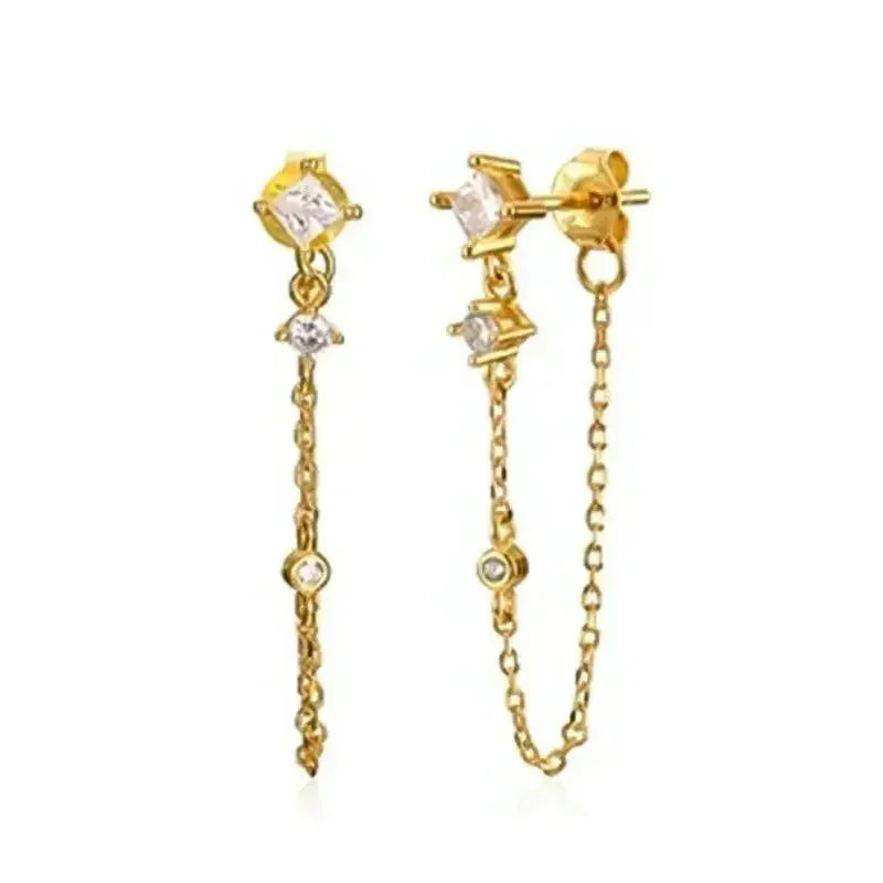 Pendientes de aro de plata de ley 925 con forma de aguja y cristales de circonita, con gotas de agua, dorados, joyería de lujo premium para fiestas.