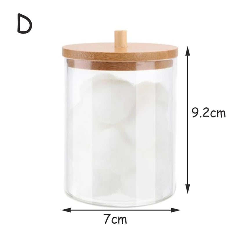 Caja de almacenamiento de acrílico, tarro de baño, organizador de maquillaje, soporte redondo para almohadillas de algodón, caja para hisopos de algodón, dispensador de hisopos con tapa de bambú