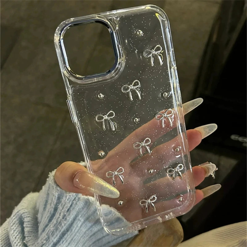 Korean Cute Little 3D Metal Bowknot Case For iPhone 16 15 14 13 12 11 Pro Max Plus Epoxy Glitter Shell Ins Girl Clear Soft Shell
