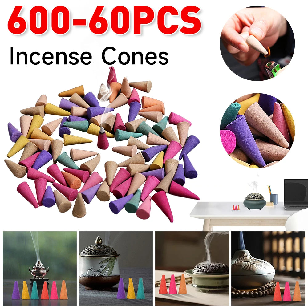 600-60 conos de incienso con reflujo de humo y cascada, de lavanda, con aromas múltiples, ideales para salones de té, salas de yoga y dormitorios.