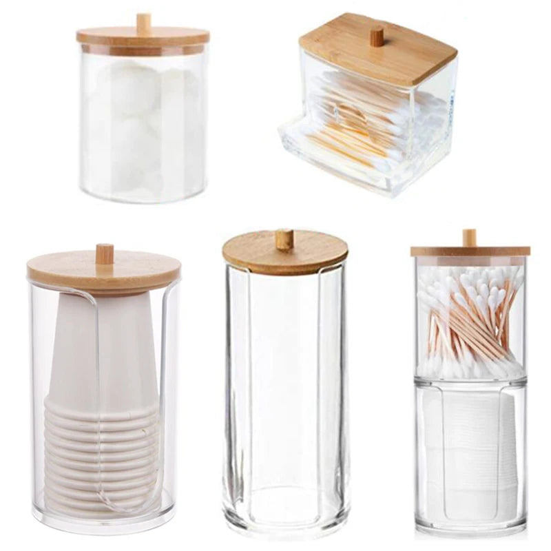 Caja de almacenamiento de acrílico, tarro de baño, organizador de maquillaje, soporte redondo para almohadillas de algodón, caja para hisopos de algodón, dispensador de hisopos con tapa de bambú