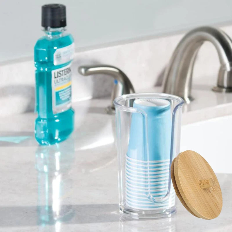 Caja de almacenamiento de acrílico, tarro de baño, organizador de maquillaje, soporte redondo para almohadillas de algodón, caja para hisopos de algodón, dispensador de hisopos con tapa de bambú