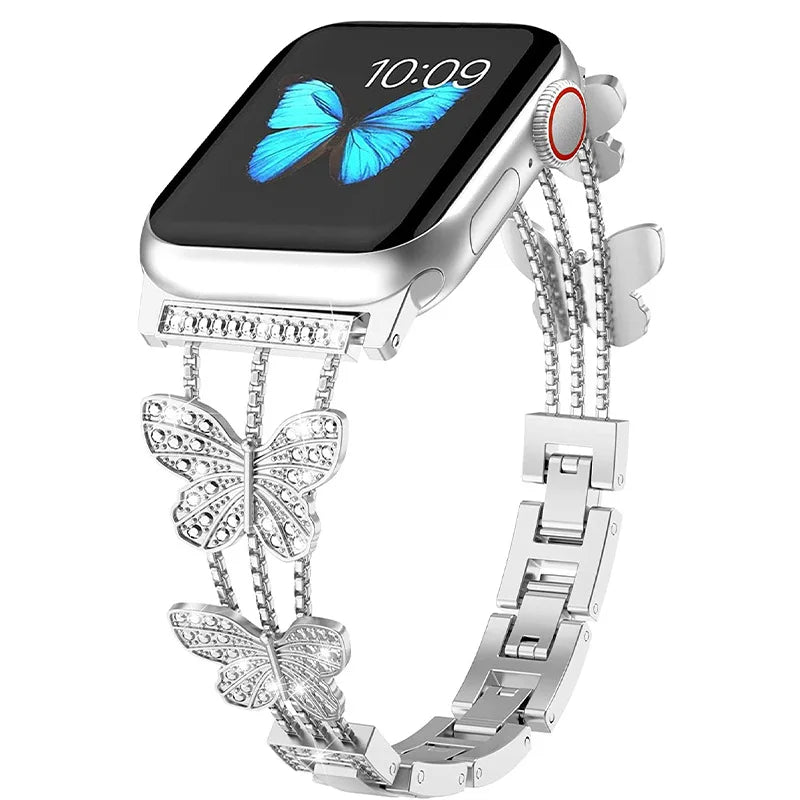 Correa de mariposa para Apple Watch de 49 mm, 41 mm, 45 mm, 40 mm, 44 mm, 38 mm y 42 mm, con diamantes brillantes para Apple Watch Series 9, 8, 7, SE, 6 y 5.