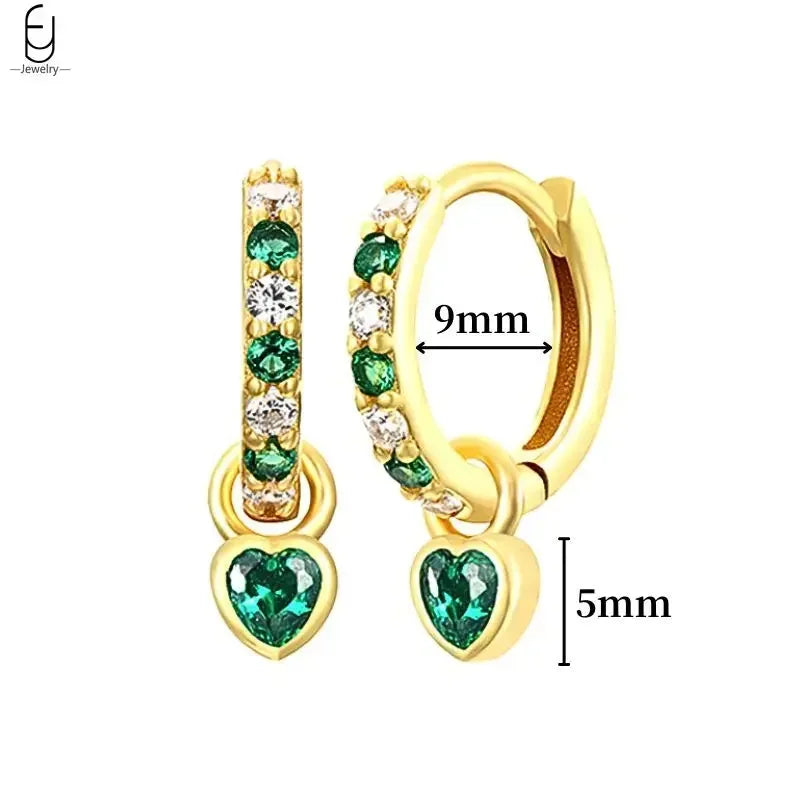 Pendientes de aro con forma de corazón y circonita verde en plata de ley 925 para mujer, delicados pendientes de botón, joyería de lujo, regalos.