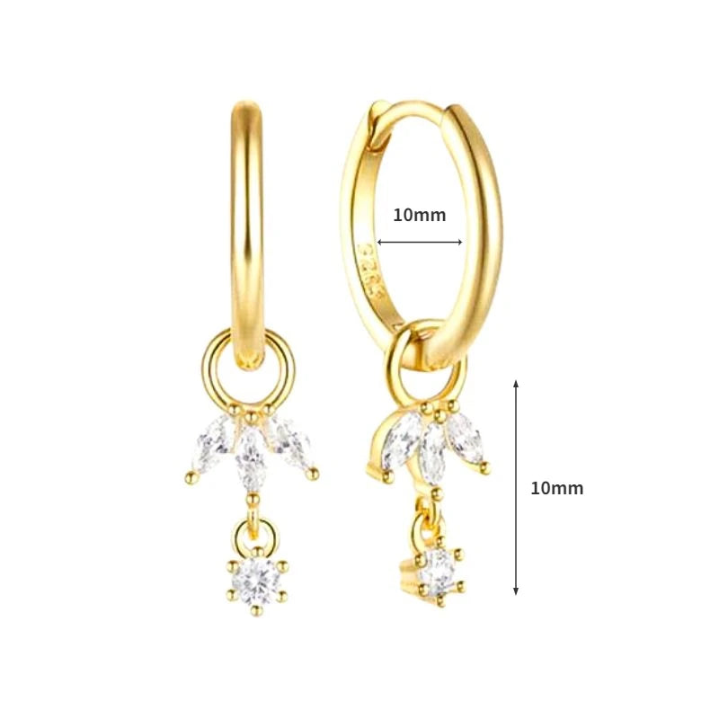 Pendientes de aro de plata de ley 925 con forma de aguja y cristales de circonita, con gotas de agua, dorados, joyería de lujo premium para fiestas.